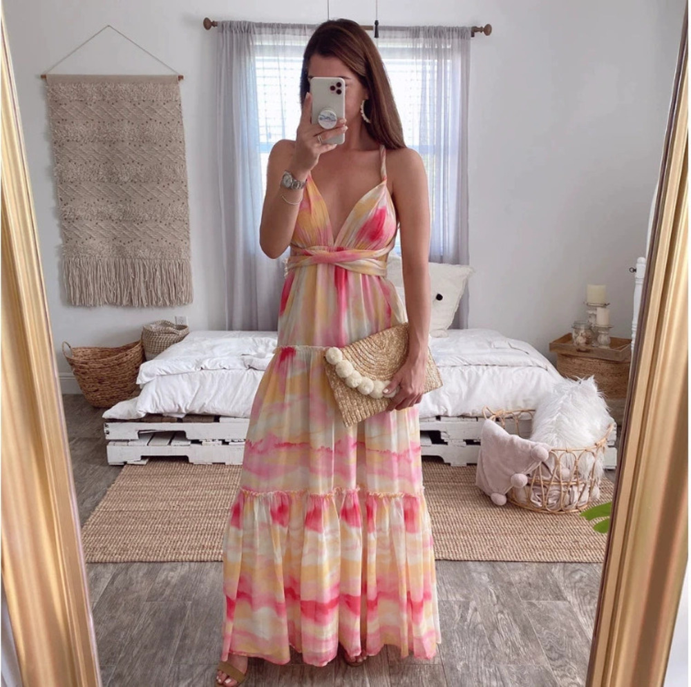 ZARA Summer Deep Ombre Strappy Backless Asymmetric Cinched Waist Maxi Dress